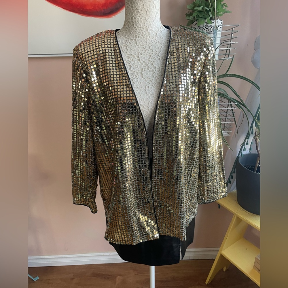 Vintage 80s Jeremy Scott Shiny Gold Sequin Jacket Blazer, Sz XL